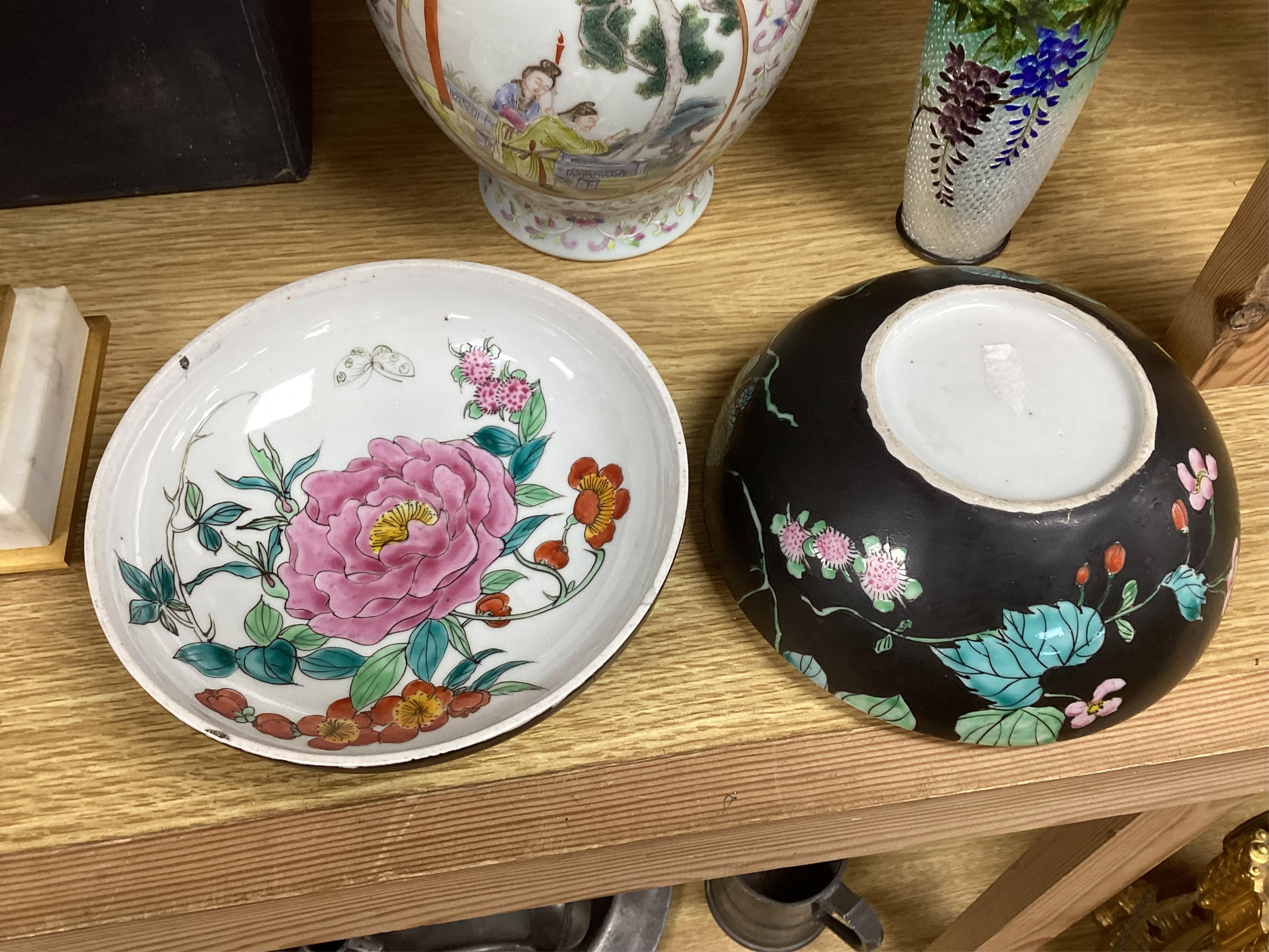 A Chinese famille rose vase, a powder box and an enamelled vase, largest 21cm high